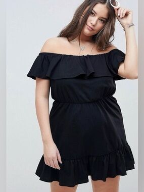 ASOS Size 18 Black 100% Cotton Off The Shoulder Ruffle Minidress LBD